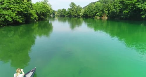 Aerial View of Canoeists Paddling on River