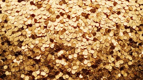 Animation en boucle fluide d'un énorme tas de pièces. Une énorme quantité d'or. Riche