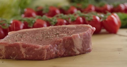 Seasoning Fresh Steak with Tomatoes on Cutting Board