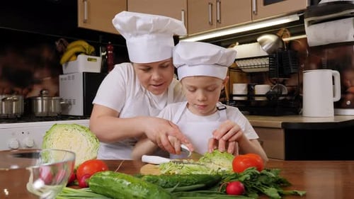 Mother and Child Cooking Salad in the Kitchen