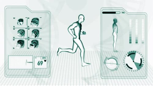 Running Human Figure with Futuristic Medical Data HUD