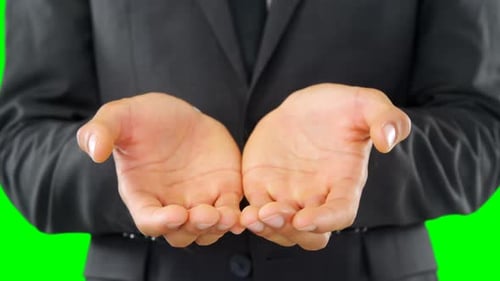 Suited Person Holding Out Hands on Green Screen