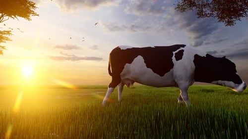 Cow and Puppies at Sunset Field