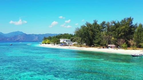 Aerial drone view seascape of beautiful tourist beach lifestyle by blue lagoon and white sand backgr
