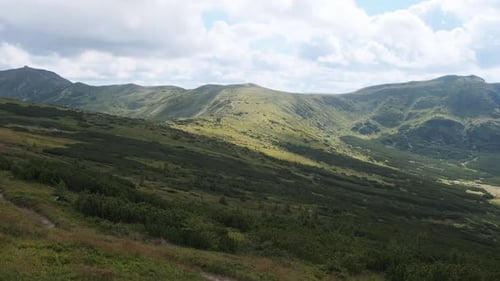 Landscape View of Green Hills in the Valley of Mountains with Coniferous Forests