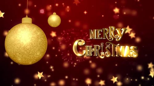Golden Merry Christmas Text with Animated Stars and Ornaments