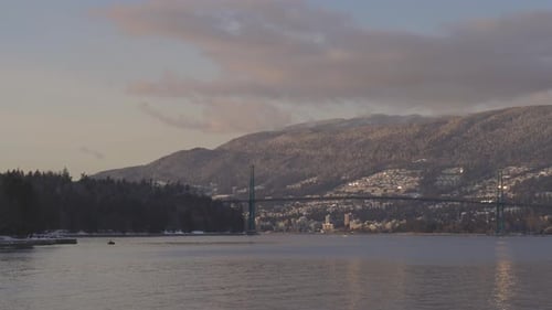 Panoramic View of Modern City Industrial Site Lions Gate Bridge Vancouver Harbour and Mountains
