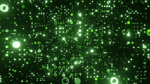 Flying Through Glowing Green Dots and Rings