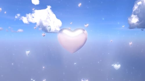 Spinning Shiny Love Heart Shapes Float in Sparkle Cloudy Heavenly Sky - 4K