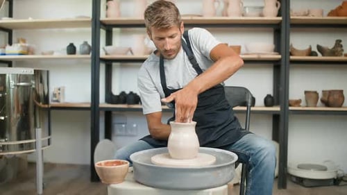 Pottery Workshop Man Potter Makes a Pitcher Out of Clay Handicraft Production of Handmade Tableware