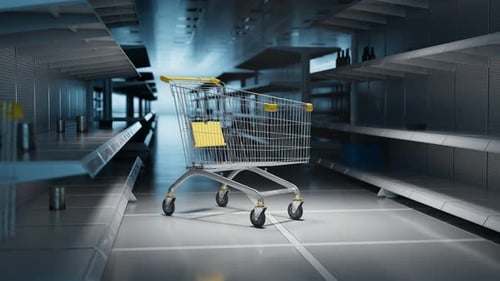 Panning view of a metal trolley between empty store shelves. Nothing to buy.