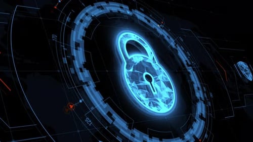 Blue security Key with head up display technology interface and futuristic elements