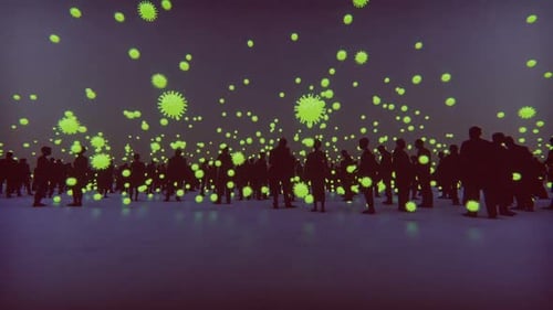 Glowing Virus Particles Floating Around Crowd Silhouettes