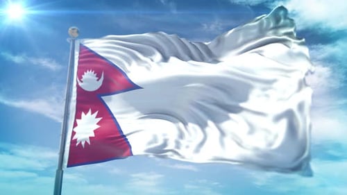 Photorealistic Waving Flag of Nepal Against a Bright Sky