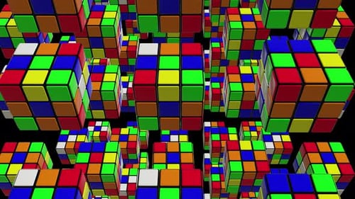 Colorful Abstract Rubik's Cubes Spinning and Rotating Loop