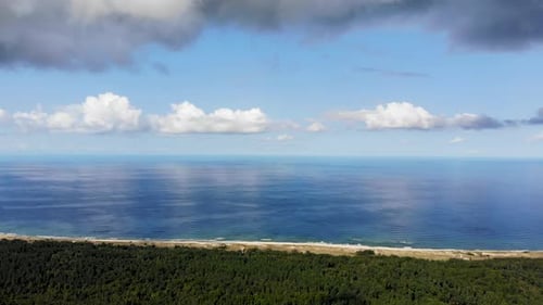 AERIAL: Panoramic view of Baltic Sea Coastline while flying over forest