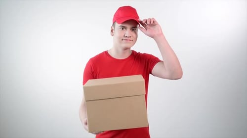 Delivery Man Holding Box Waving