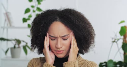 Portrait of Afro American Curly Haired Sad Tired Woman Feeling Headache Fever Suffering From