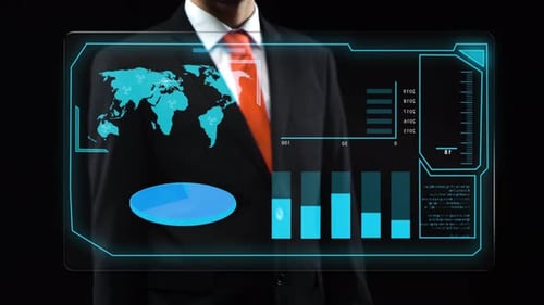 Man Uses Holographic Interface, in Black Suit Turn-on Touchscreen and Appears Financial Diagrams.
