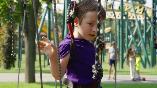 Boy in Safety Harness Enjoying Rope Trail Adventure in Amusement Park