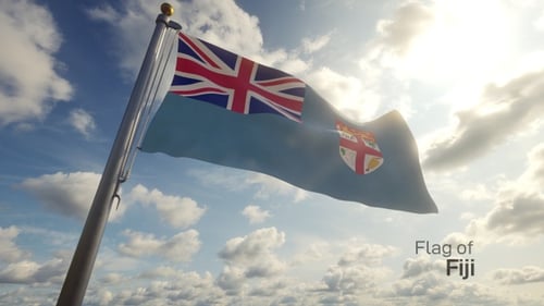 Realistic Fiji Flag Waving Against Blue Sky with Clouds