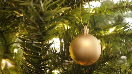 Gold Christmas Ornament Decoration on Green Tree