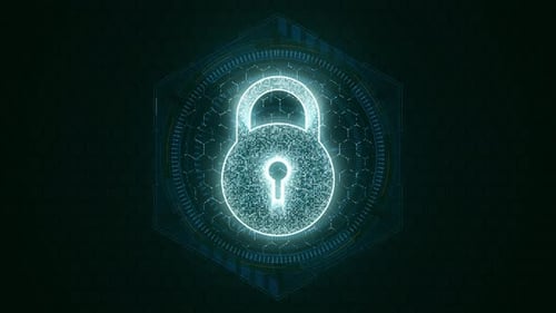 Blue security key with hexagon shape and circle rotation on futuristic technology background