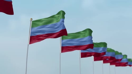 Rows of Identical Flags Waving Realistically Against Clear Sky