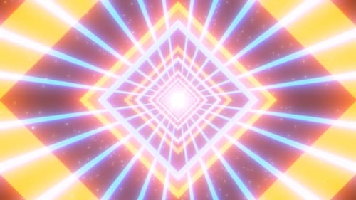 Fly in Futuristic Sci-Fi Orange Blue Diamond Square Neon Tunnel - 4K