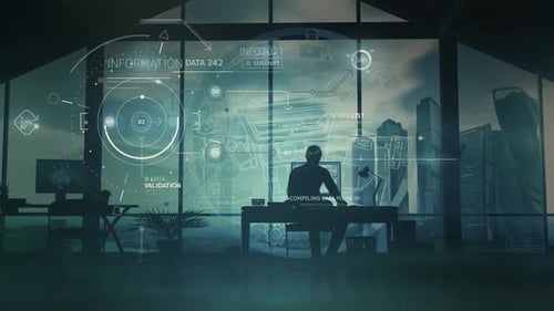 Silhouette d'un homme travaillant au bureau et infographies HD