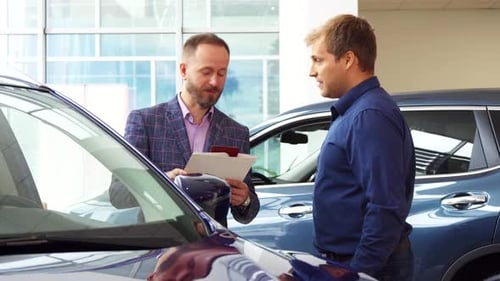 Salesman Discussing Car with Customer in Dealership