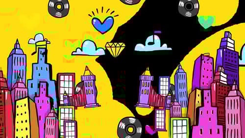 Hand-Drawn Cartoon Cityscape with Music and Heart Icons Looping Background