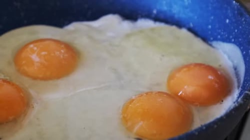 Several Eggs Frying in Pan on Stove