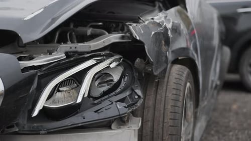 Close Up of Black Wrecked Car with Broken Headlight Car Crash Accident Damaged Nature of Dent
