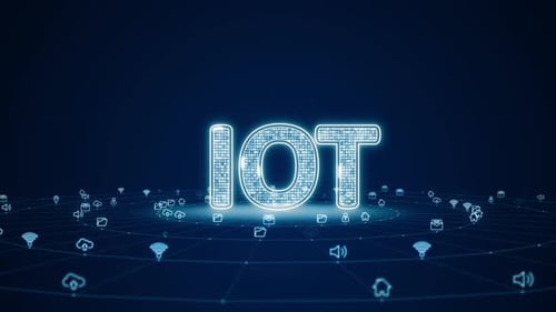 Blue digital 3D IOT logo with futuristic technology icon on abstract background seamless loop video