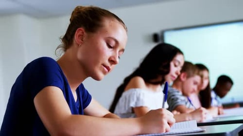 Students Writing in Classroom During School Lesson