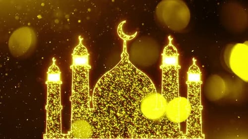 Golden Sparkling Mosque Silhouette with Crescent for Islamic Events