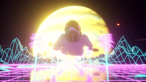 Astronaut Runs Surrounded By Flashing Neon Lights