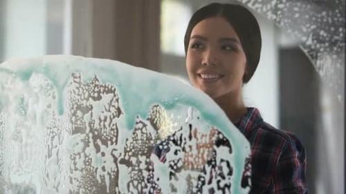 Woman Cleaning Window with Squeegee