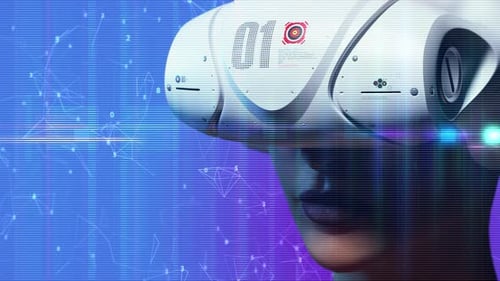 loop animation. portrait of girl in vr helmet on digital background. side view