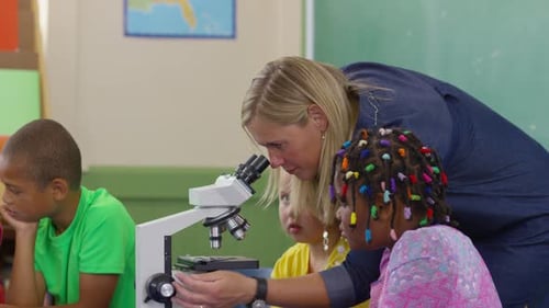 Teacher and students look through microscopes in school classroom