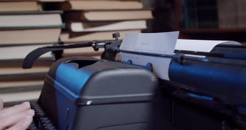 Close up of a sheet of paper in the vintage typewriter being used in the library