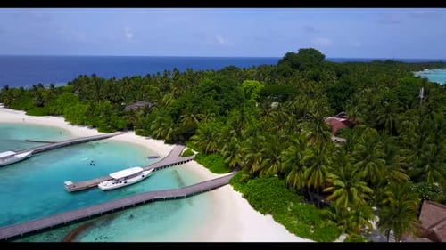 Aerial top down travel of exotic bay beach adventure by blue ocean with white sand background of a d