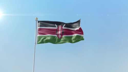 Realistic Kenyan Flag Waving in Blue Sky