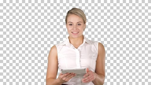 Woman Speaking and Gesturing with Tablet on Grey Background