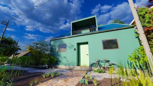 3D Animation of Modern House with Garden and Blue Sky