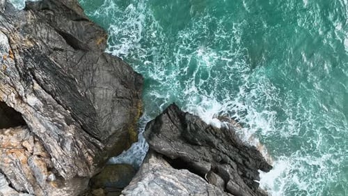 Awesome azure sea rocky texture aerial view 4 K Turkey Alanya
