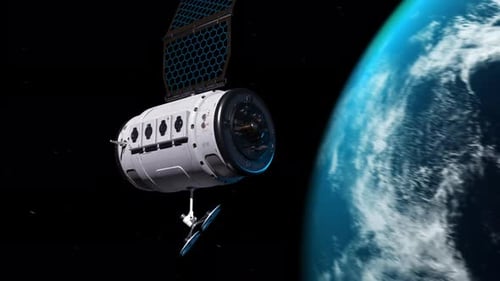 Futuristic Satellite Orbiting Earth in Dark Cosmic Space