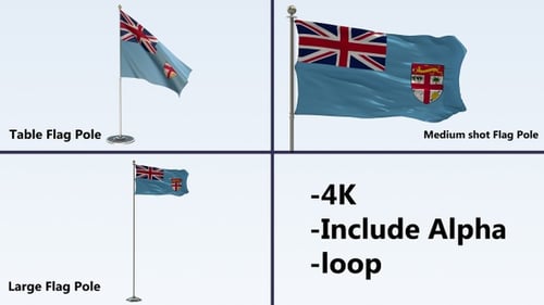 Fiji Flag Waving on Pole with Alpha Channel and Multiple Variants