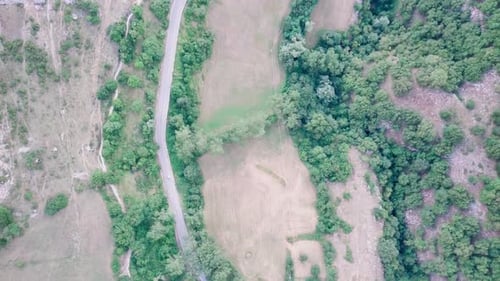 Aerial Top Down View of White Car Driving on Country Road in Forest in the Evening at Twilight